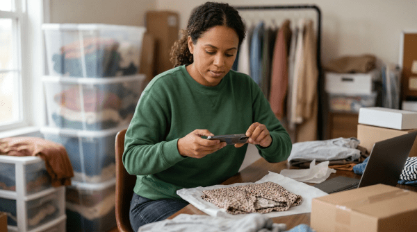 Poshmark reselling business owner sorting and listing secondhand clothing items for an online shop