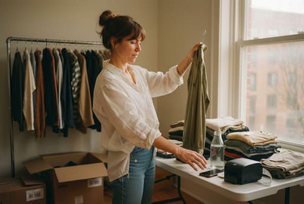 Poshmark reselling business owner sorting and listing secondhand clothing items for an online shop