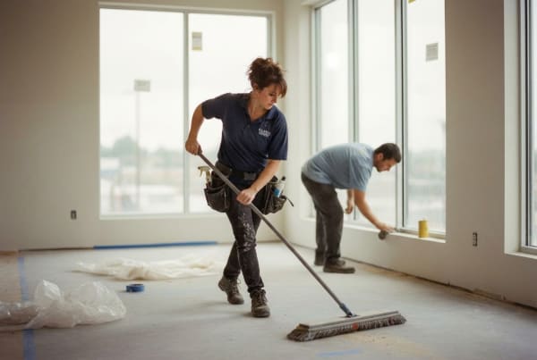 Post-construction cleaning crew removing dust and debris from a newly built property