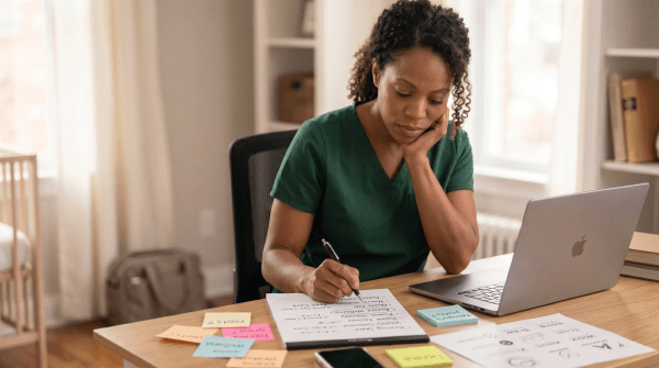 Postpartum doula reviewing LLC name ideas for a maternal support business