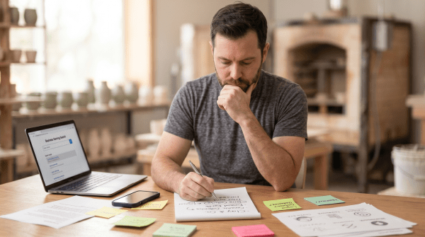 Pottery studio owner brainstorming names for their llc