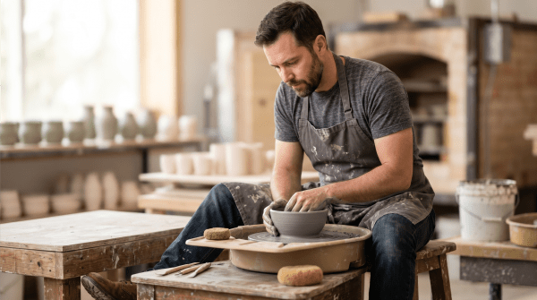 Pottery studio owner throwing clay on a wheel at a handmade ceramics and pottery business