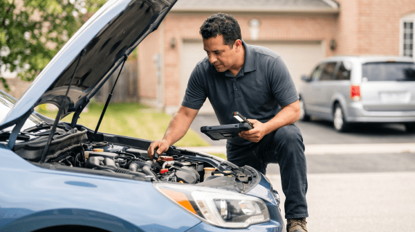 Pre-purchase vehicle inspection mechanic inspecting a used car for an automotive inspection business