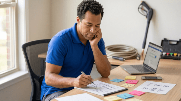 Pressure washing business owner reviewing LLC name ideas