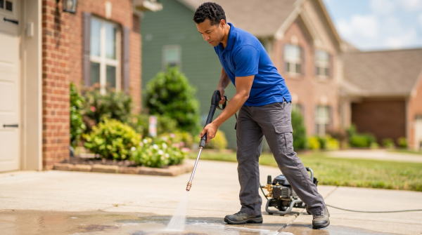 Pressure washing business owner pressure washing a driveway for an exterior cleaning service