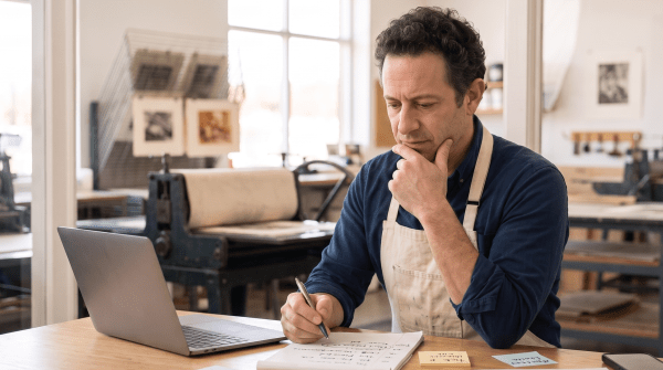 Printmaking studio owner brainstorming business name ideas