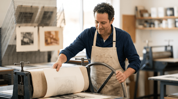 Printmaking studio owner pressing a design at a print station