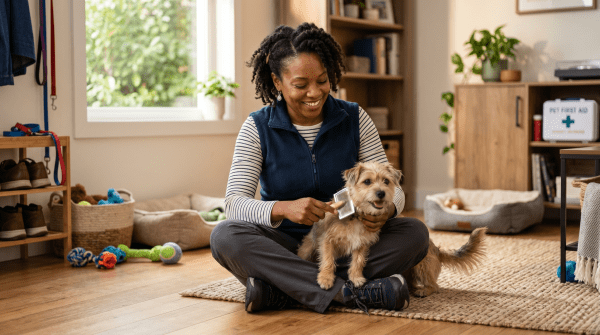 Pet sitting business owner playing with cats and dogs in a home setting