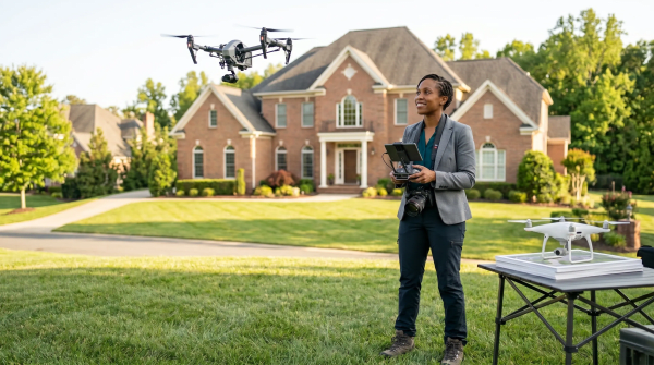 Drone real estate photography business owner holding a drone monitor ready to capture aerial property photos