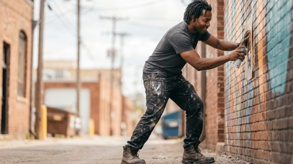 Public mural and commercial art business owner painting a large-scale mural for a creative arts business