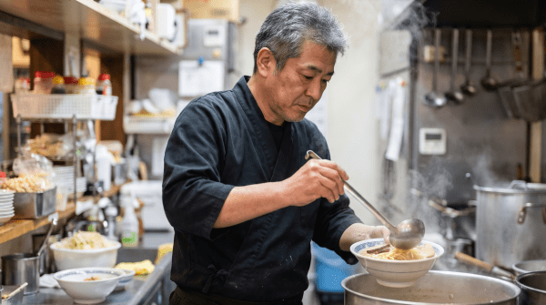 Ramen shop owner preparing a bowl of ramen