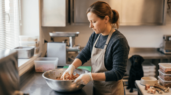 Preparing fresh ingredients for raw pet food in a commercial kitchen