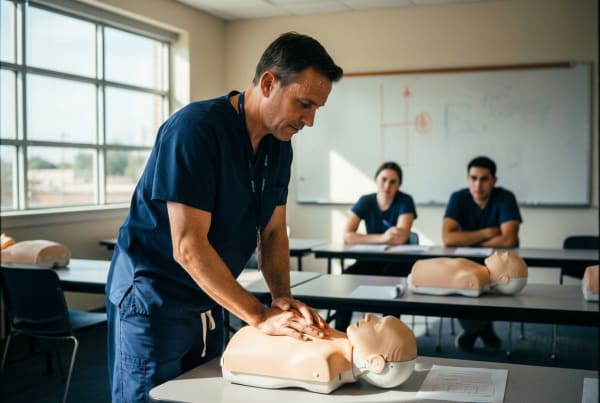 CPR training instructor demonstrating life-saving techniques on a mannequin during a certification class