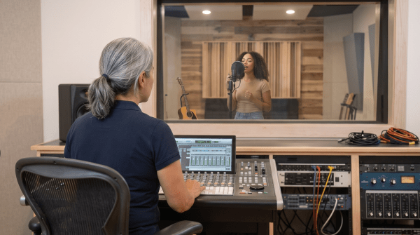 Recording studio owner adjusting levels at a mixing console