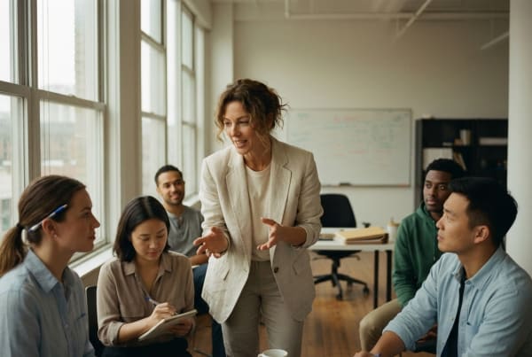 Recruiting agency owner collaborating with their team to source and place job candidates for clients