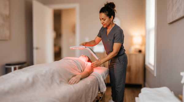 Red light therapy studio owner preparing a treatment panel for a session