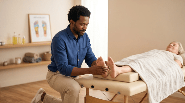 Reflexology studio therapist applying pressure to a client's foot