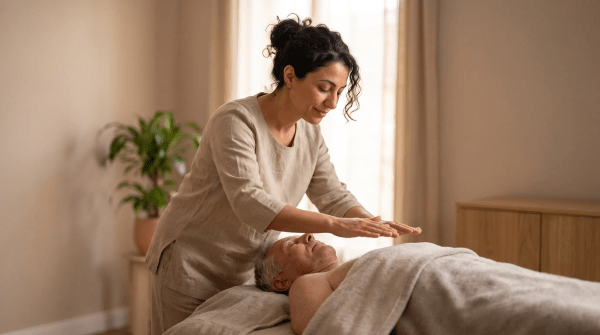 Reiki practitioner performing an energy healing session on a client