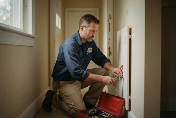 Residential property maintenance technician completing repair work at a client's home