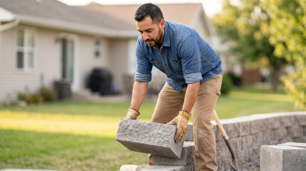Retaining wall installation business owner building a retaining wall
