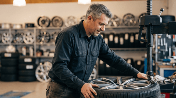 Rim and wheel shop owner displaying custom rims in a showroom