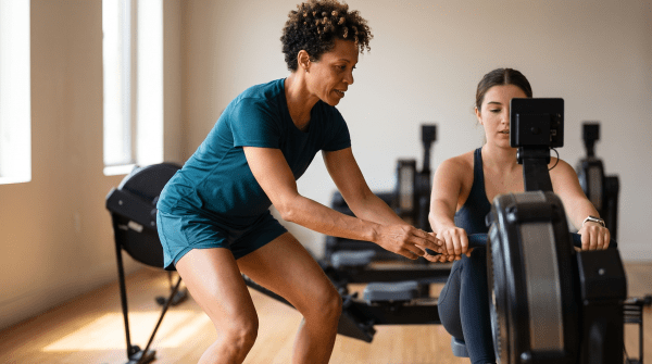 Rowing studio owner leading a rowing class