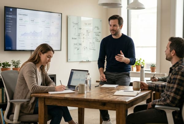 Bootstrapped SaaS business owner meeting with team to discuss software solutions