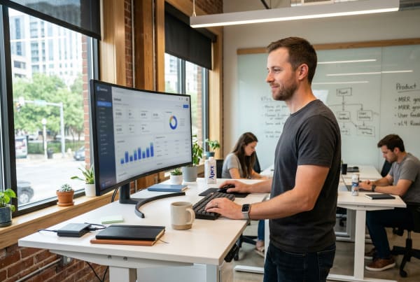 VC-backed SaaS startup founder working in a modern office environment on business growth