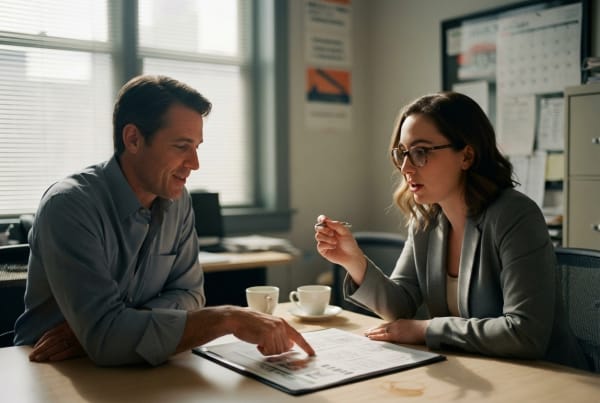 Safety compliance consulting business owner reviewing OSHA regulations with a client on a job site
