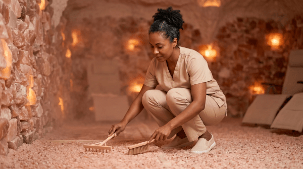 Salt cave spa owner preparing a halotherapy room for guests