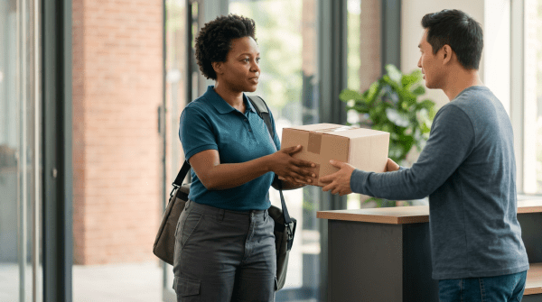 Same-day courier delivering a package for a local courier and delivery services business