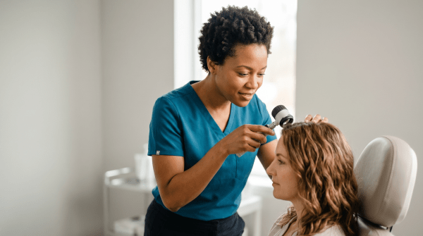 Scalp health clinic specialist examining a client's scalp during a treatment