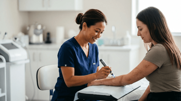 Scar treatment clinic specialist assessing a client's skin during a consultation