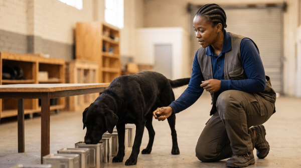 Scent detection trainer working with a focused dog during a training drill