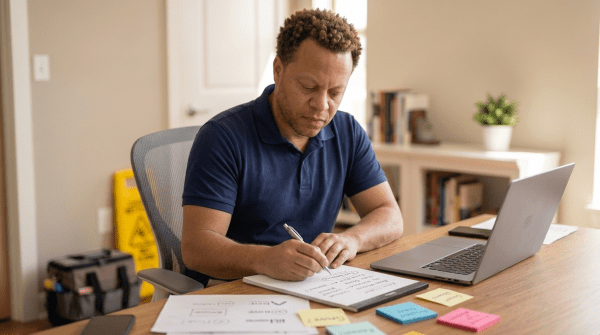 School cleaning business owner reviewing LLC name ideas