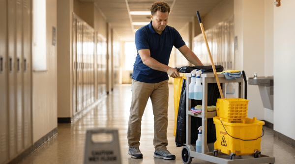 School cleaning business owner cleaning a school for an educational facility cleaning service