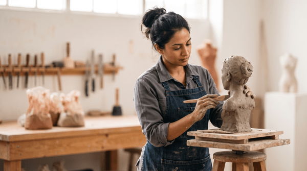 Sculpture studio owner shaping a clay figure at a work table