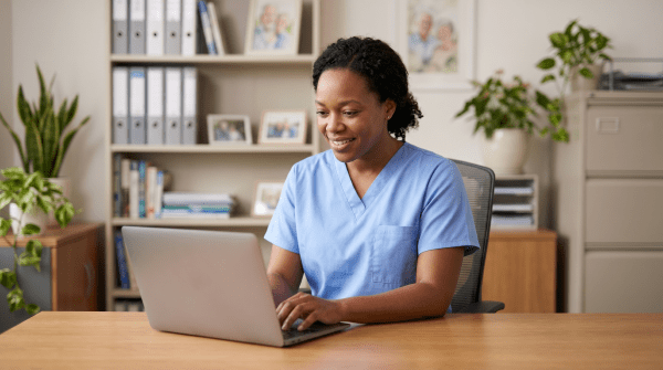 Senior care agency owner registering a care business as an LLC on laptop