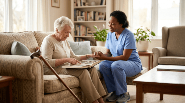 Non-medical senior home care agency owner assisting an elderly client in a home setting