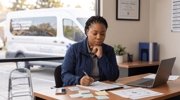 Senior transportation service owner brainstorming business name ideas