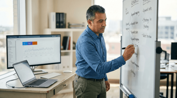 SEO agency business owner analyzing search performance data on a computer