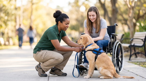 Service dog trainer guiding a dog through an obedience exercise outdoors
