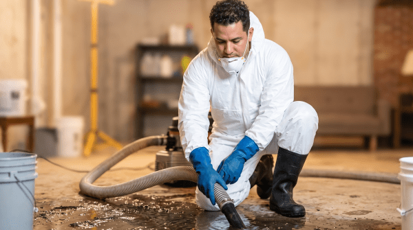 Sewage cleanup business owner cleaning up a sewage spill