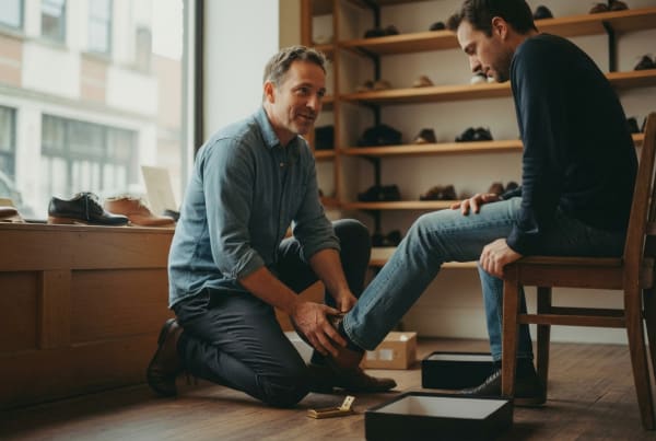 Shoe store business owner helping a customer try on and select the right pair of shoes