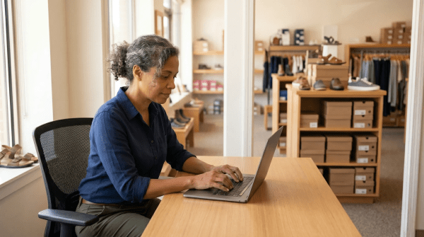 Shoe store owner organizing inventory while forming an LLC