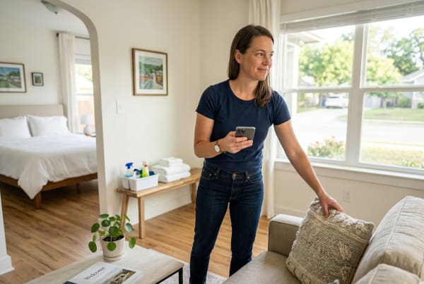 Short-term rental business owner managing an Airbnb or VRBO property for guests