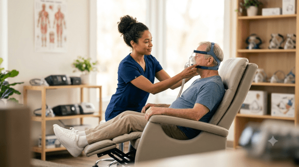 Sleep apnea clinic owner consulting a patient on sleep apnea