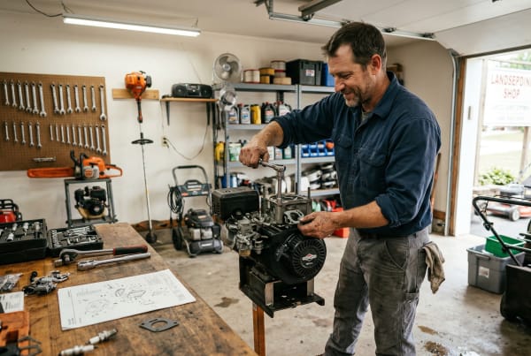Small engine repair technician actively diagnosing and repairing a small engine in a garage