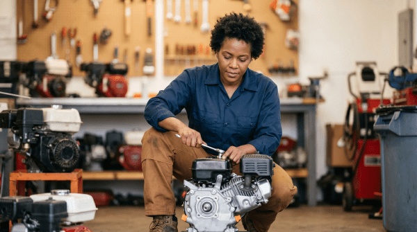 Small engine repair technician actively diagnosing and repairing a small engine in a garage