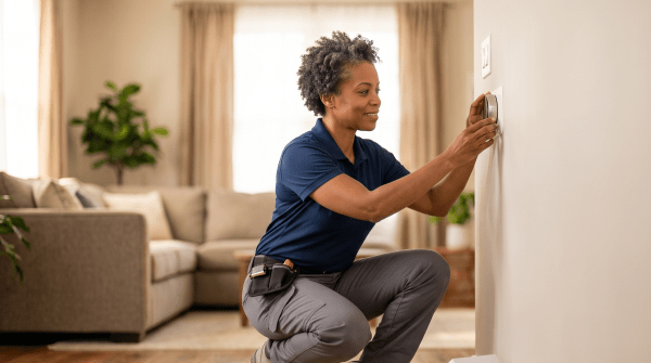 Smart home installation business owner installing smart home devices